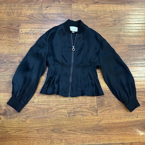Alexis Nipped-Waist Peplum Silk Bomber Jacket XS - Picture 1 of 5